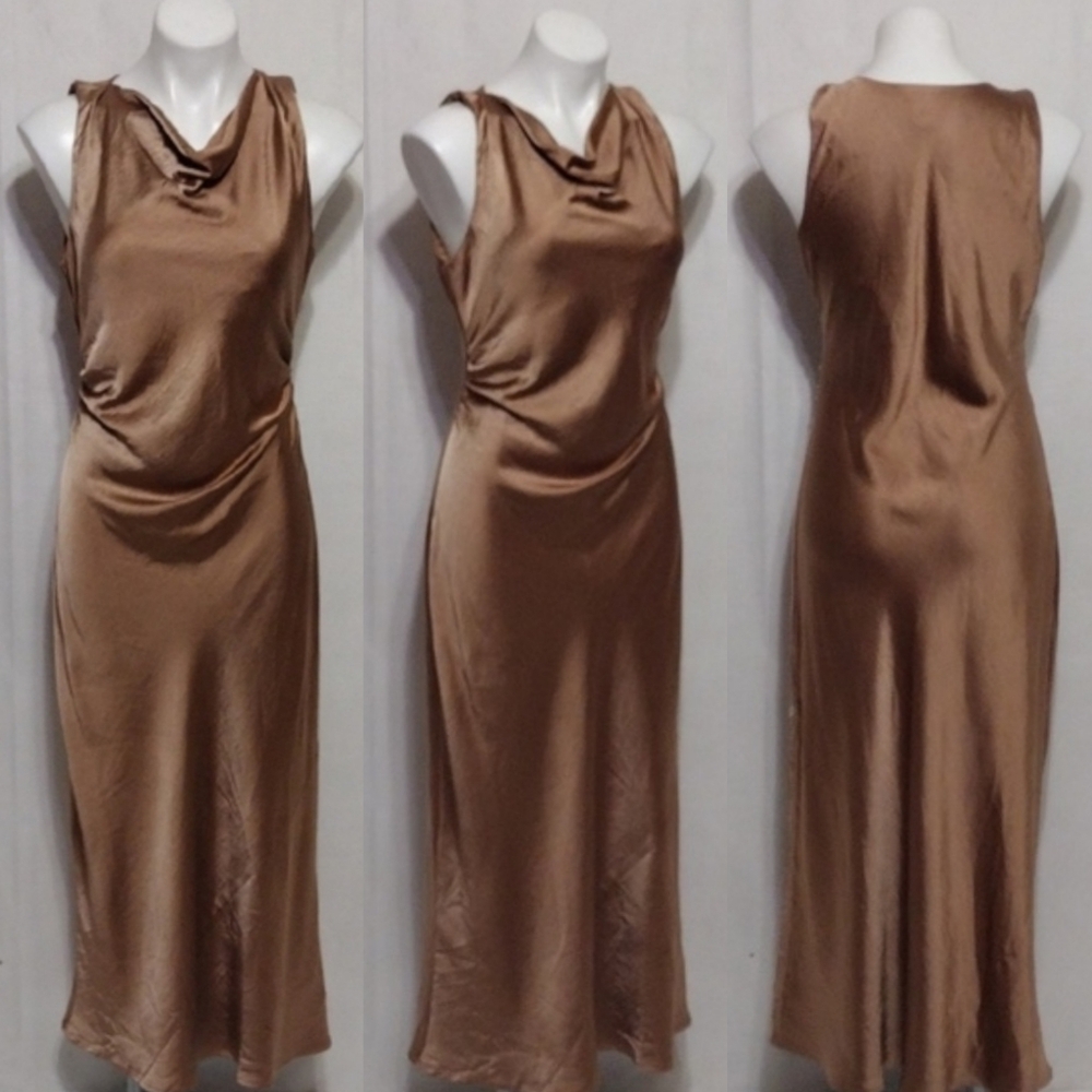 Joie x Revolve Bronze Satin Cowl Neck Long Dress M Silky Bridal Cocktail Party
